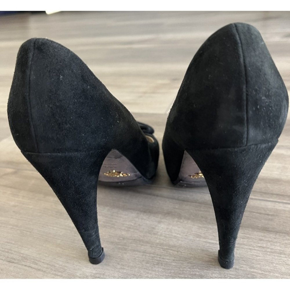 Prada Black Suede Open Toe Bow Pump All new Vibram Soles & Heel Taps Size 38-1/2 - Picture 3 of 12